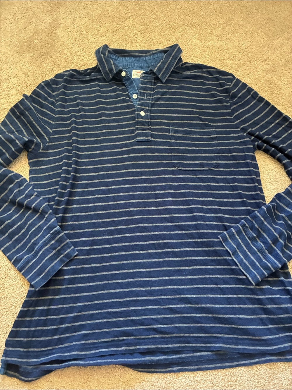 Faherty Indigo Striped Long Sleeve Polo Shirt Indigo Blue size L